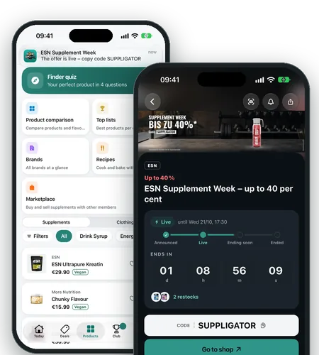 Suppligator-sovellus iPhonessa: ilmoitus tarjouksen alkaessa ja käynnissä oleva tarjous, jossa live-lähtölaskenta ja SUPPLIGATOR-koodi